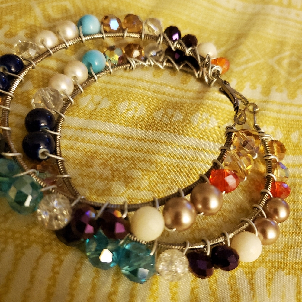 Multi color beaded hoop earings silver tone